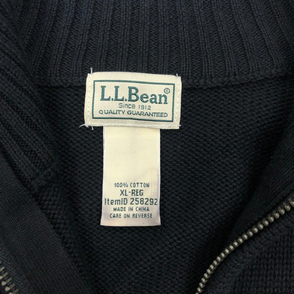 LL Bean Mens XL Full Zip Cotton Cardigan Sweater Black Mock Neck
